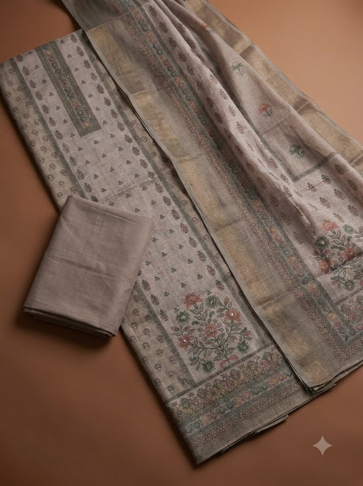 Beige Linen Blend Embroidered Unstitched Dress Material