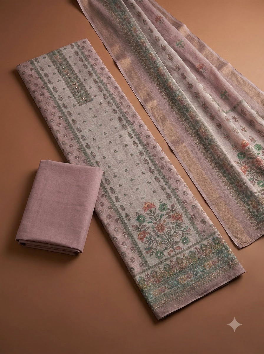 Onion Pink Linen Blend Embroidered Unstitched Dress Material
