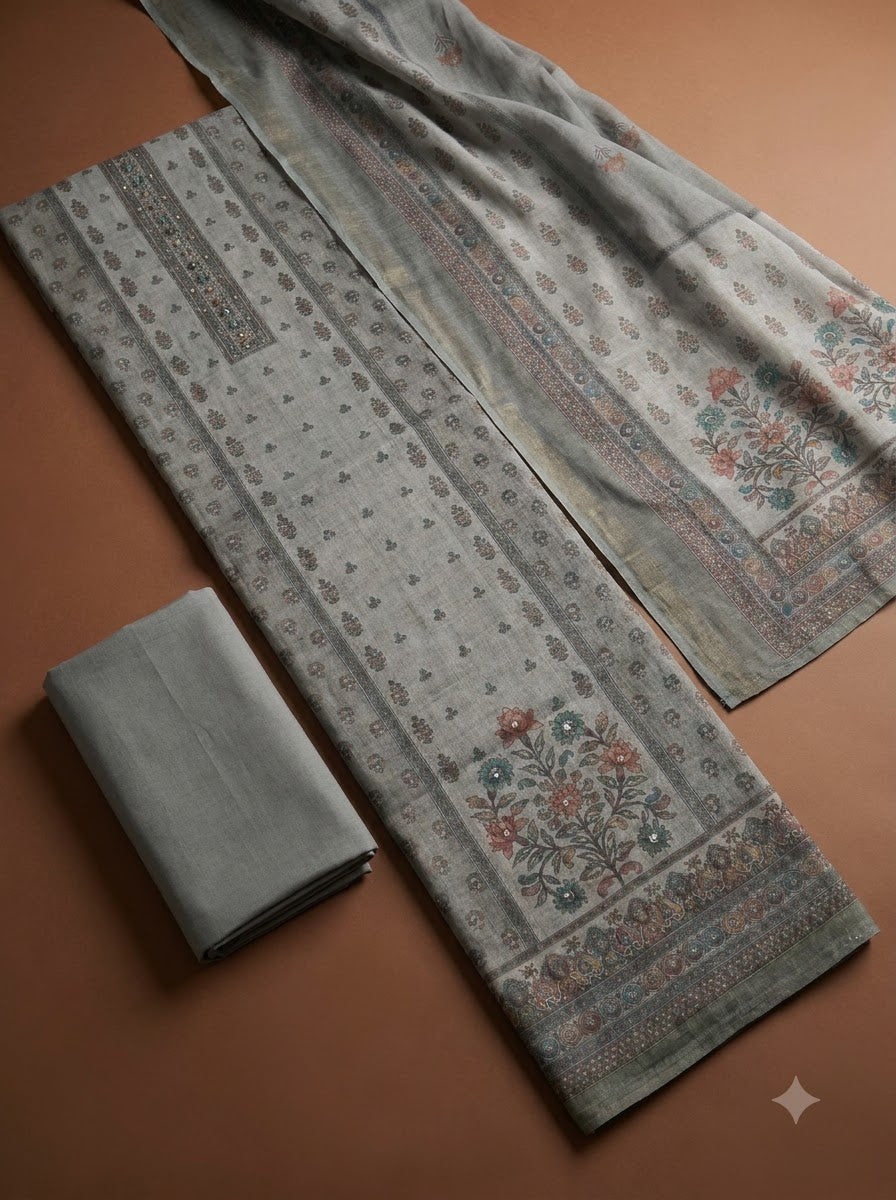Grey Linen Blend Embroidered Unstitched Dress Material