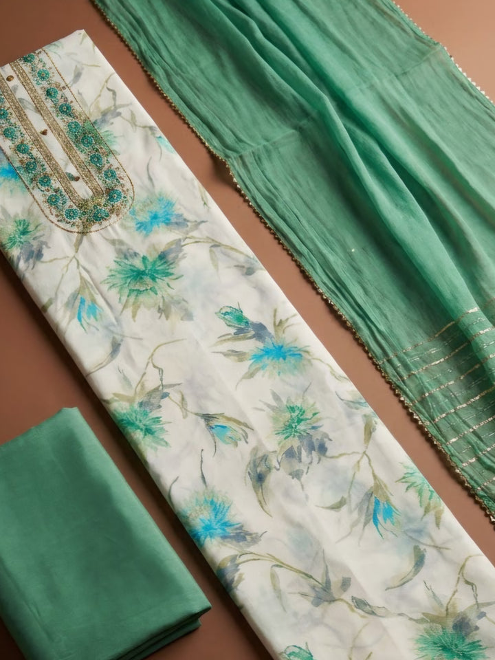 Green Cotton Blend Embroidered Unstitched Dress Material