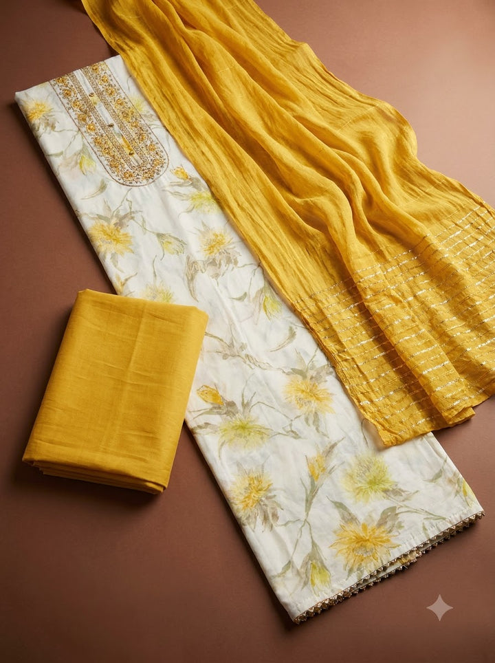 Mustard Cotton Blend Embroidered Unstitched Dress Material