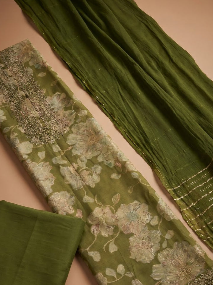 Green Cotton Blend Embroidered Unstitched Dress Material