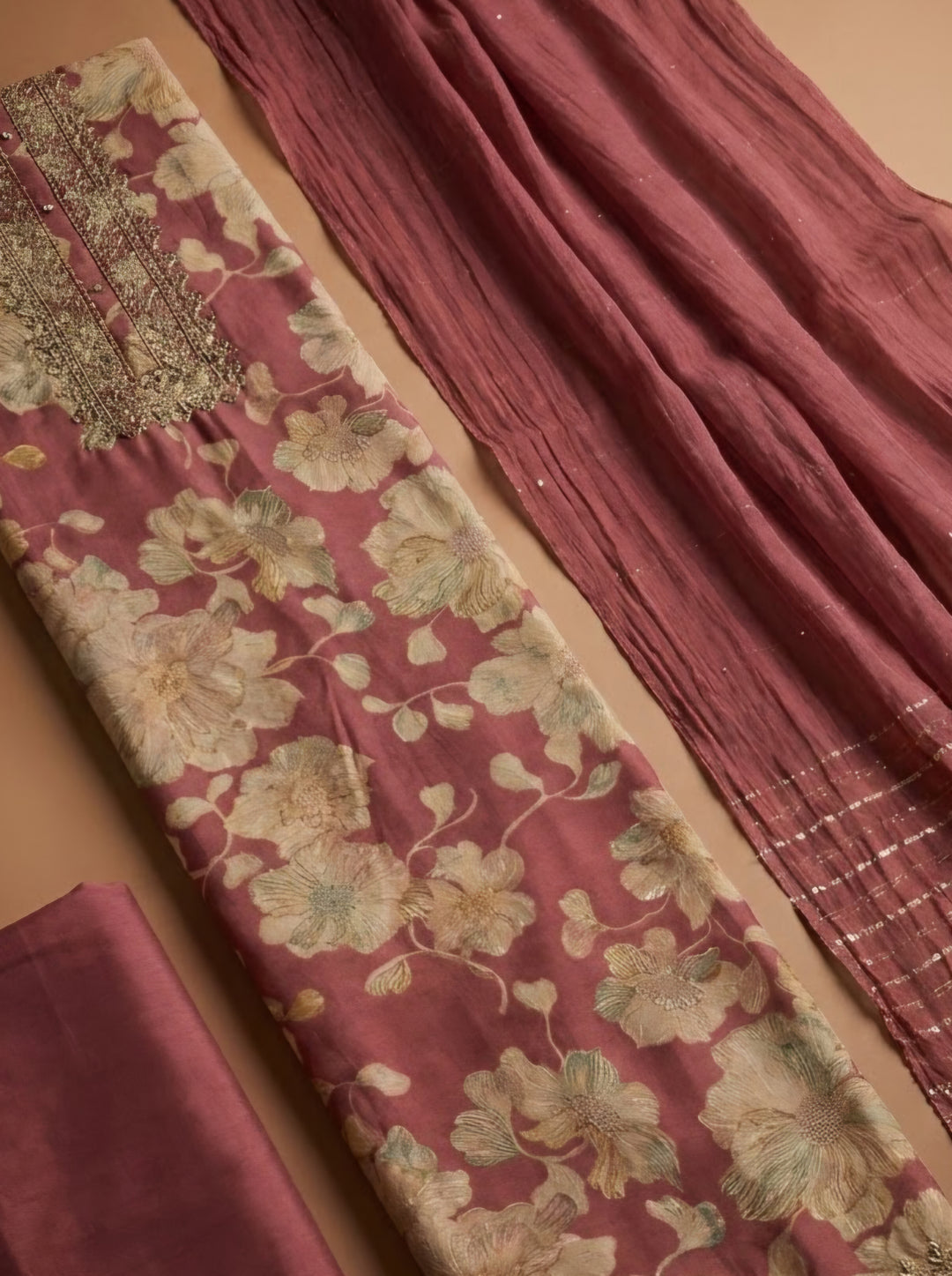Onion Pink Cotton Blend Embroidered Unstitched Dress Material