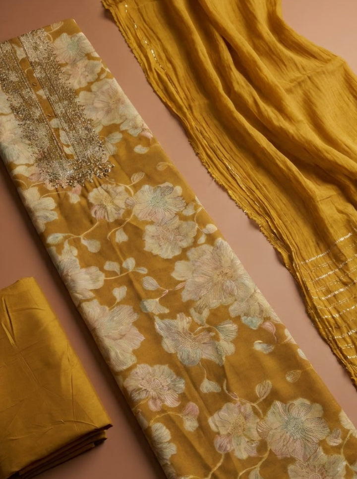 Mustard Cotton Blend Embroidered Unstitched Dress Material