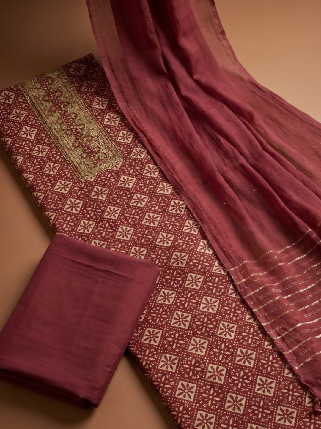Maroon Cotton Blend Embroidered Unstitched Dress Material
