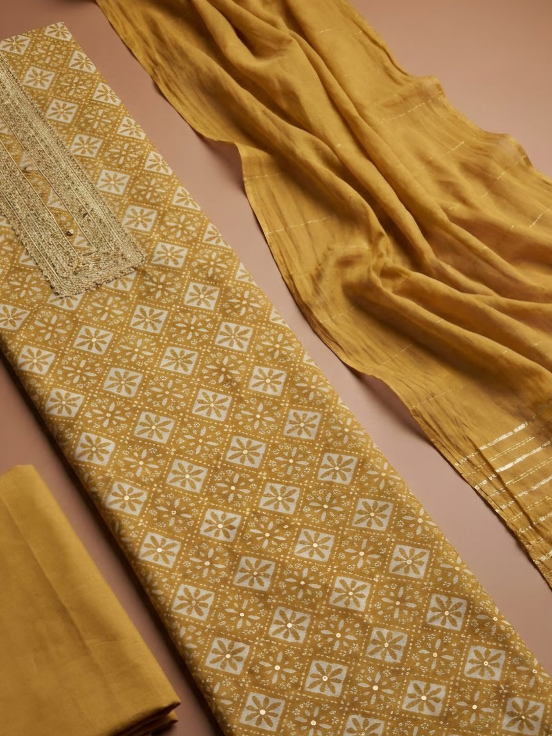 Mustard Cotton Blend Embroidered Unstitched Dress Material