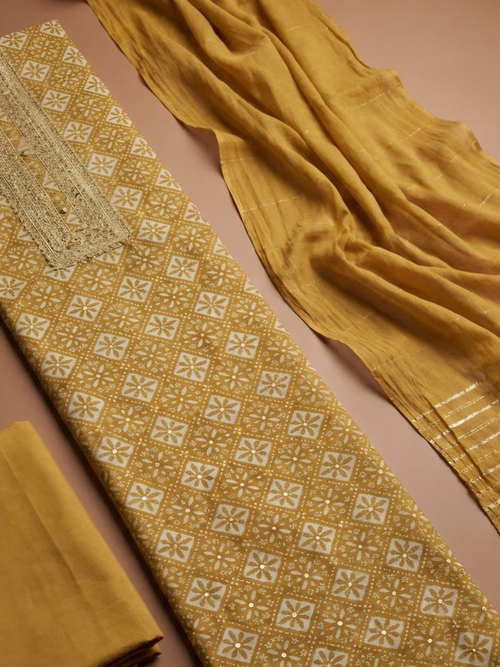 Mustard Cotton Blend Embroidered Unstitched Dress Material