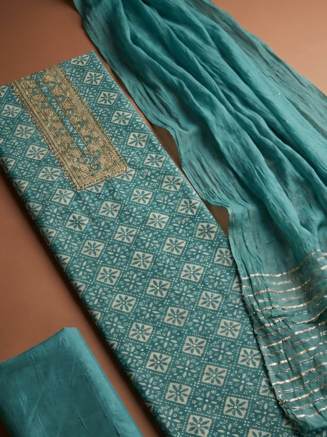 Rama Green Cotton Blend Embroidered Unstitched Dress Material