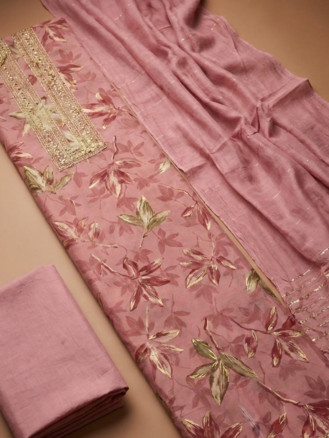 Onion Pink Cotton Blend Embroidered Unstitched Dress Material