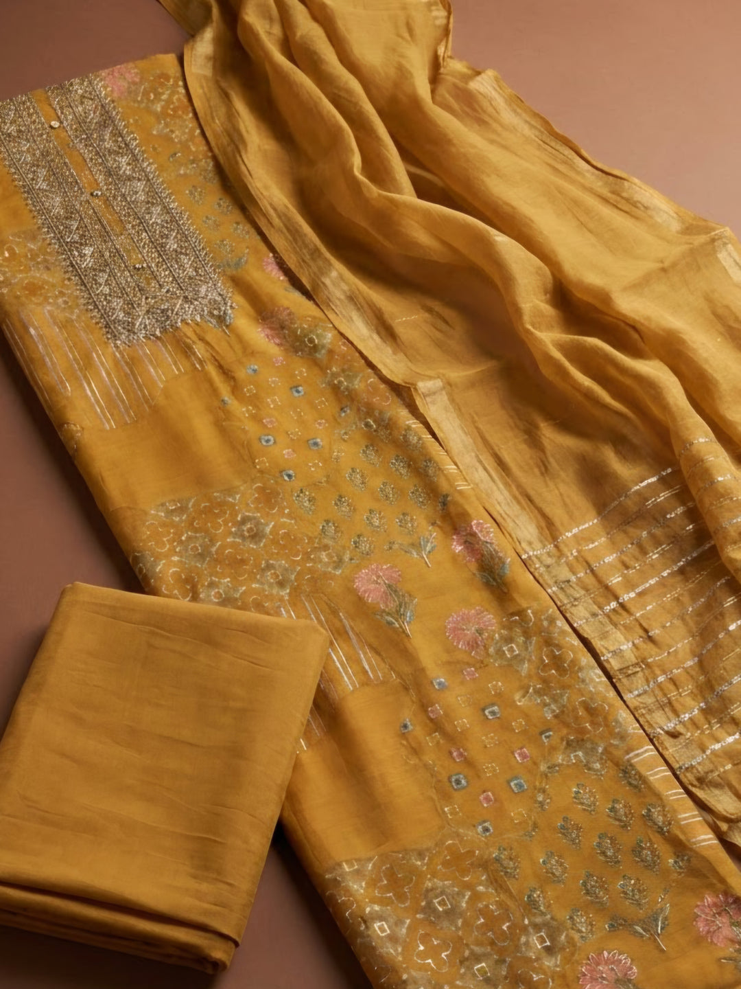 Orange Cotton Blend Embroidered Unstitched Dress Material