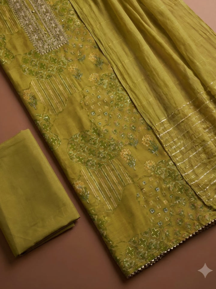 Pista Green Cotton Blend Embroidered Unstitched Dress Material
