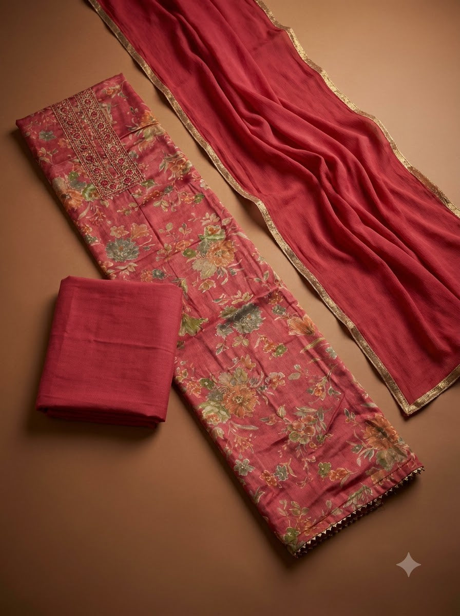 Hot Pink Cotton Blend Embroidered Unstitched Dress Material