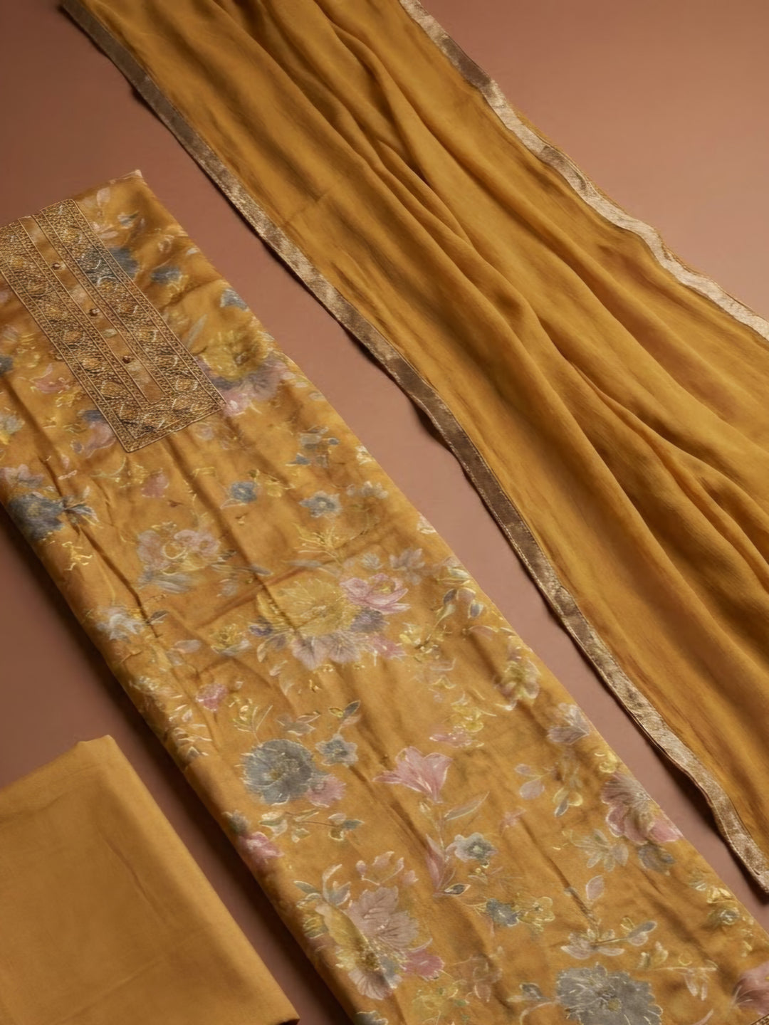 Mustard Cotton Blend Embroidered Unstitched Dress Material
