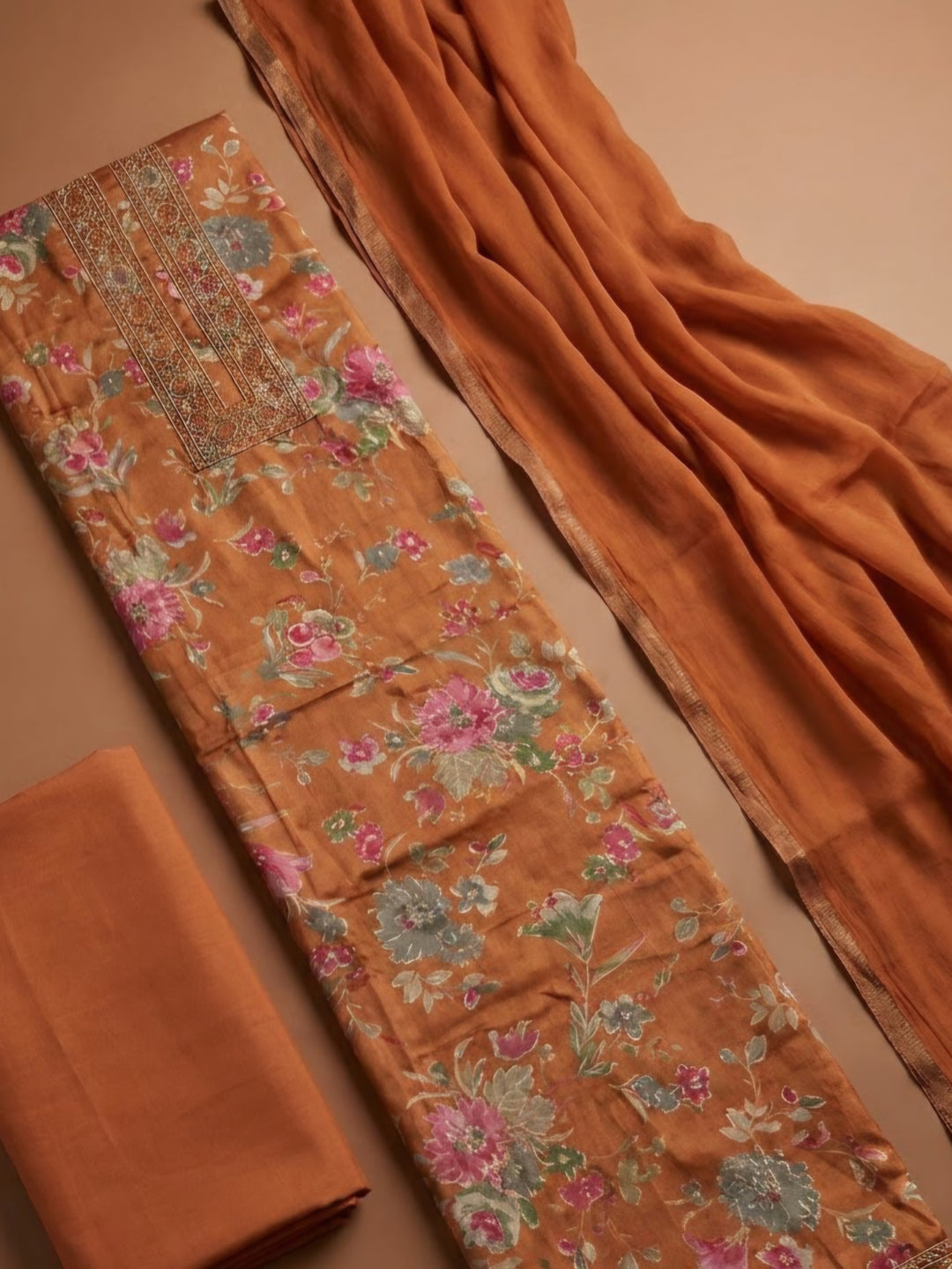 Rust Cotton Blend Embroidered Unstitched Dress Material