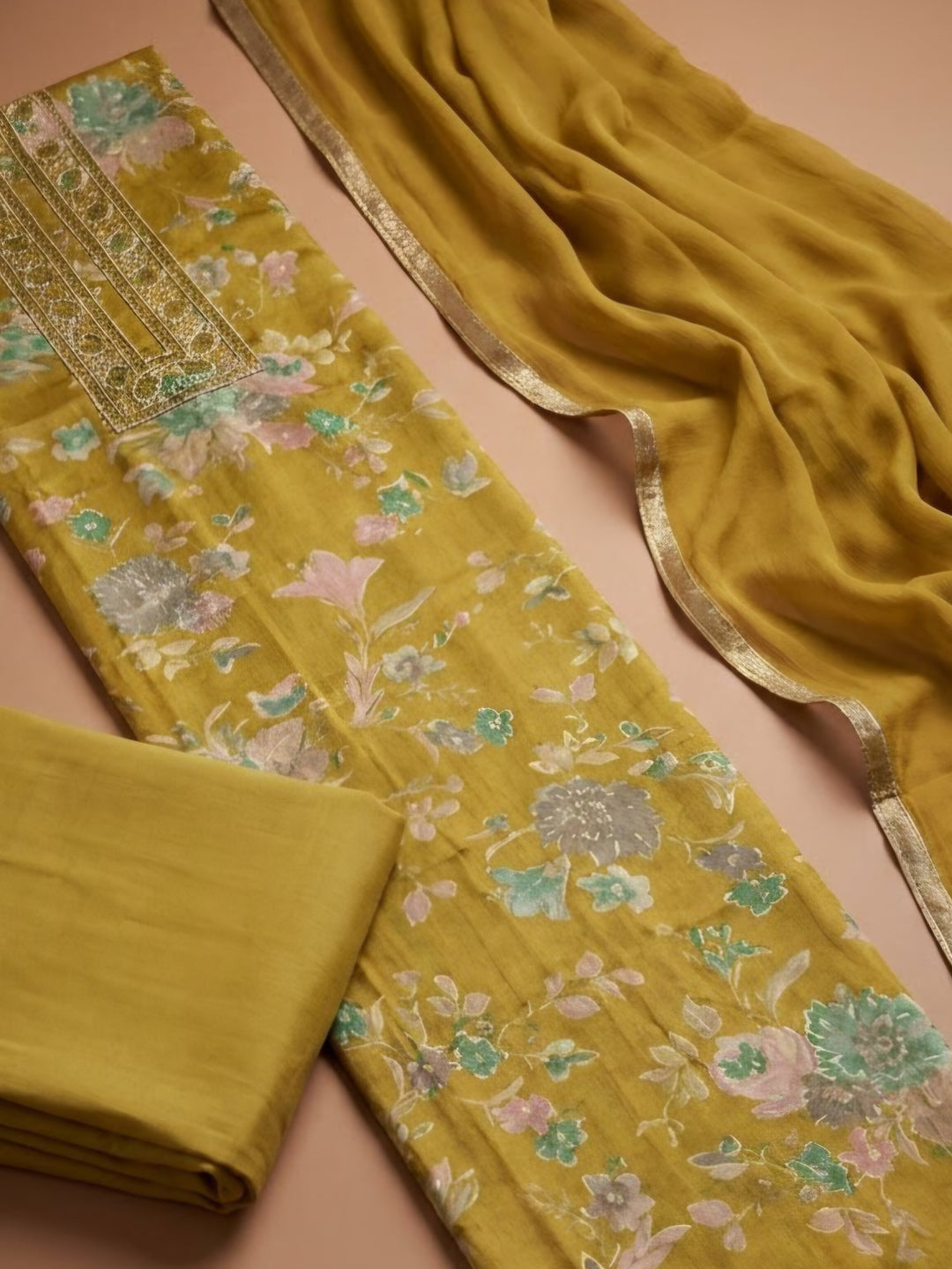 Mehndi Cotton Blend Embroidered Unstitched Dress Material