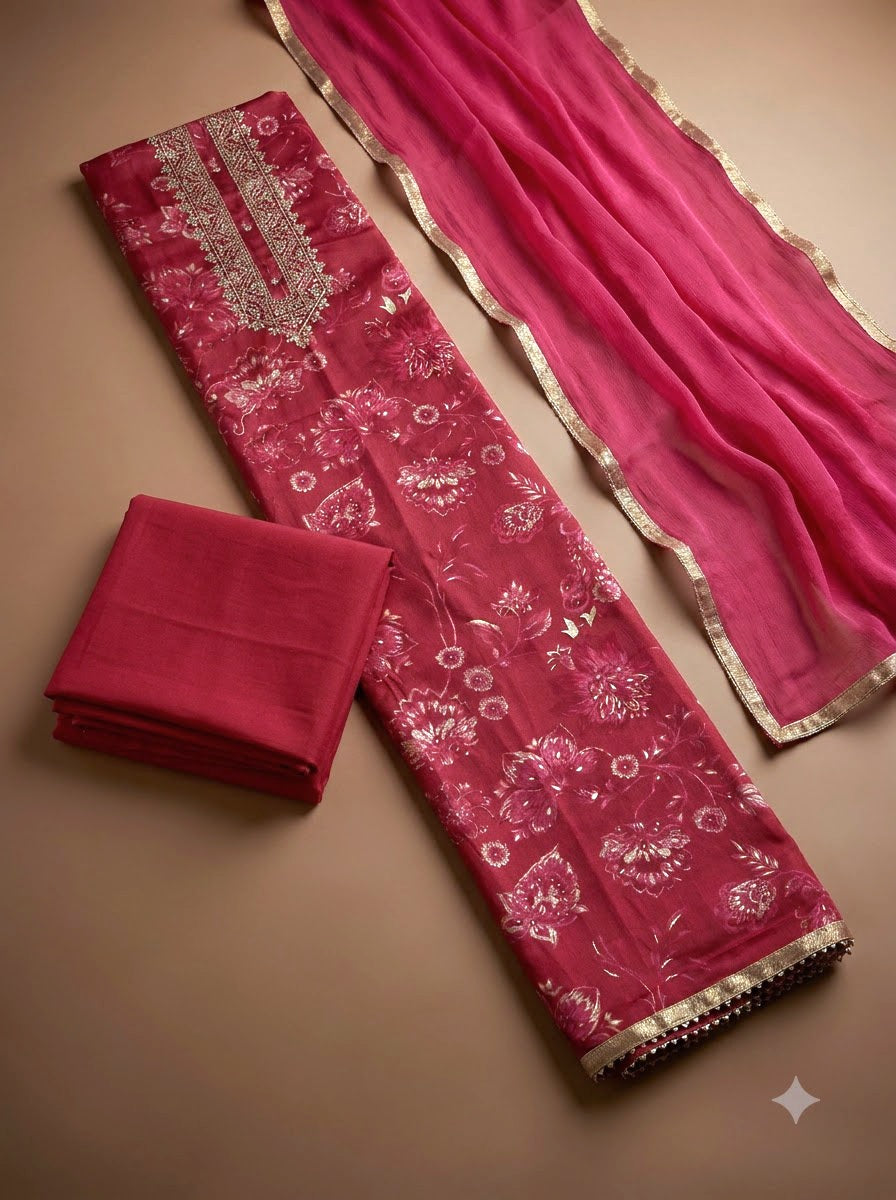Hot Pink Cotton Blend Embroidered Unstitched Dress Material