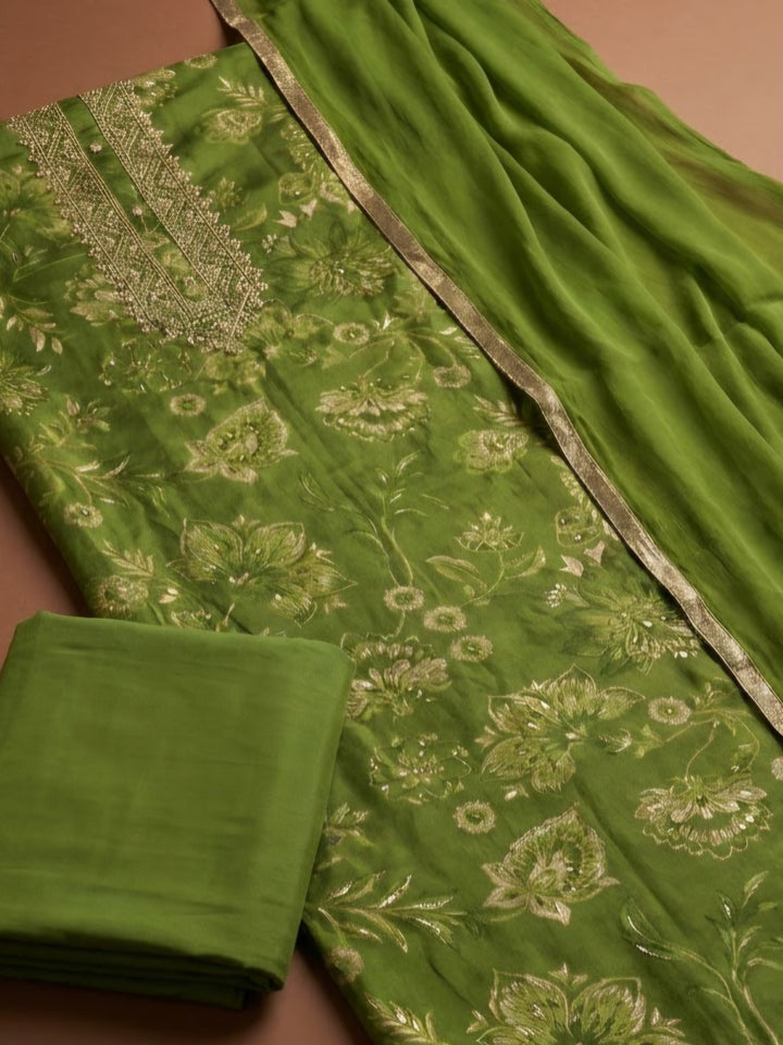 Green Cotton Blend Embroidered Unstitched Dress Material