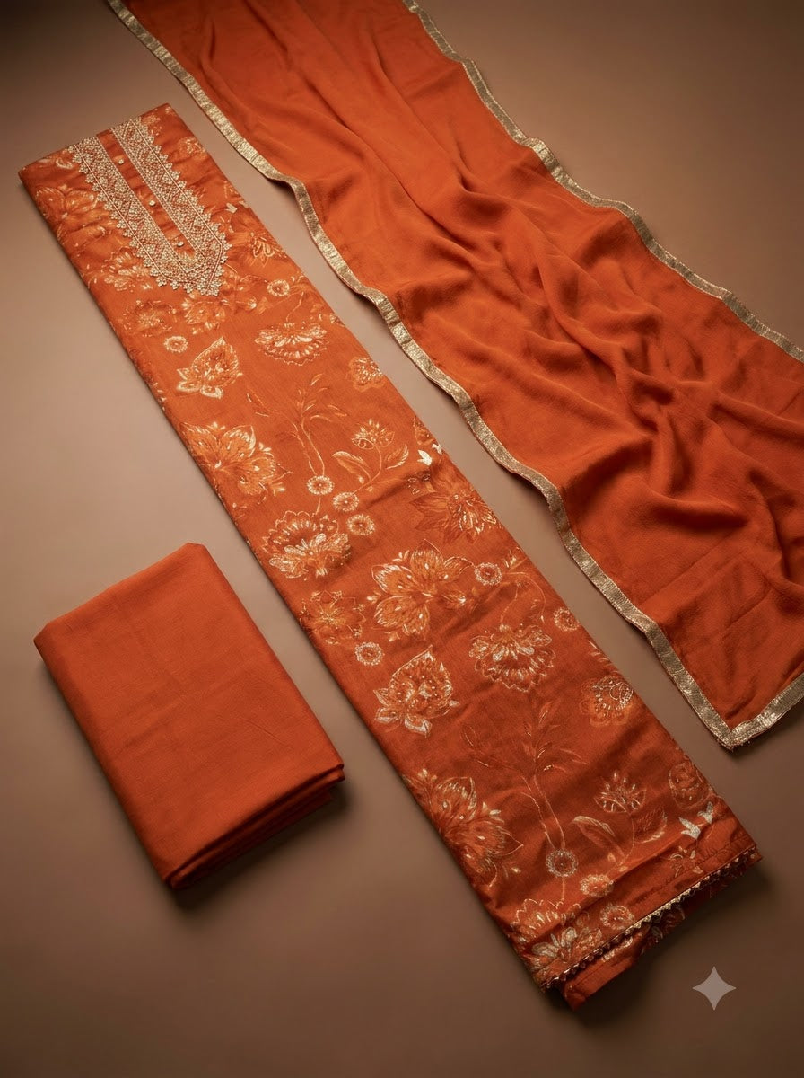 Rust Cotton Blend Embroidered Unstitched Dress Material