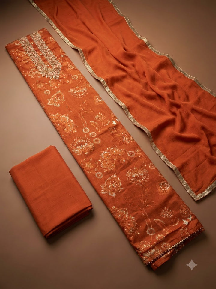 Rust Cotton Blend Embroidered Unstitched Dress Material