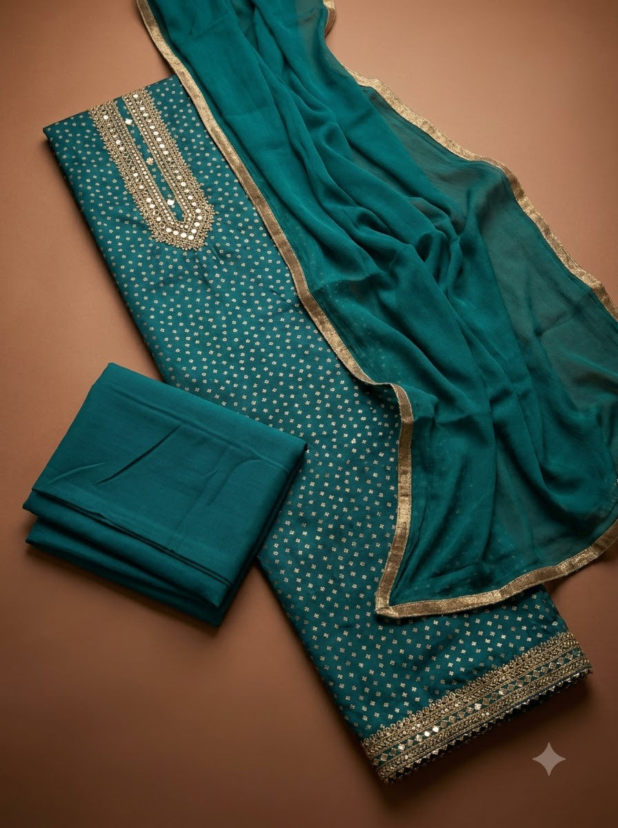 Rama Green Cotton Blend Embroidered Unstitched Dress Material