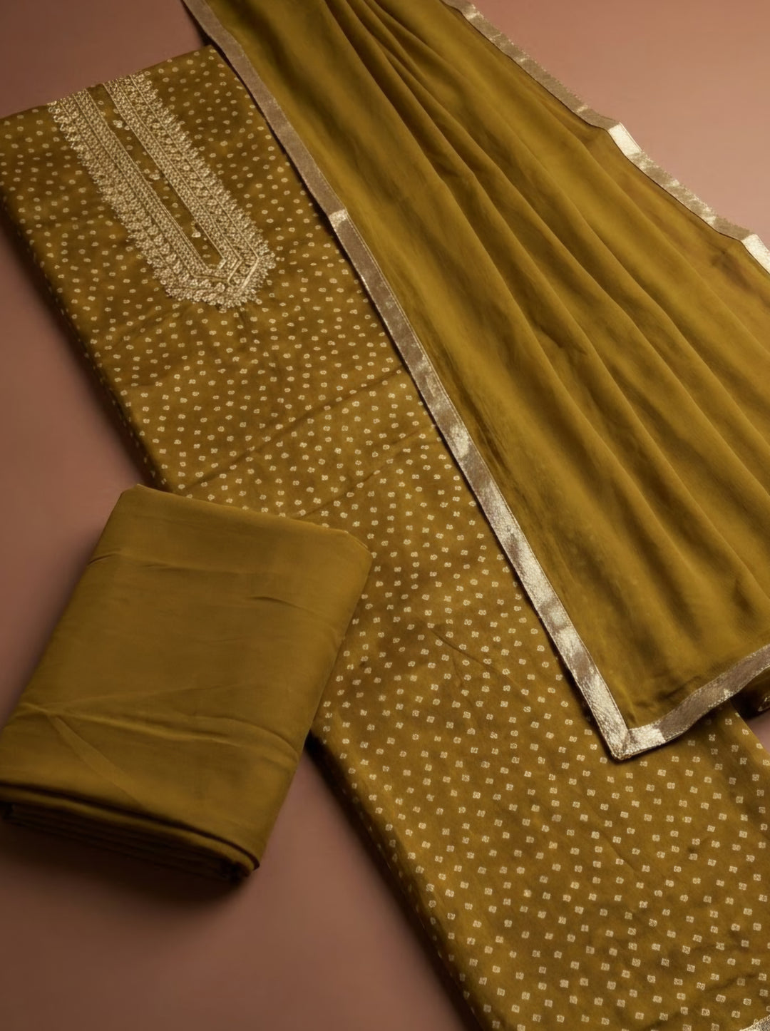 Mehndi Cotton Blend Embroidered Unstitched Dress Material