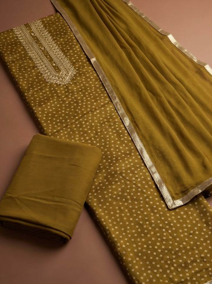 Mehndi Cotton Blend Embroidered Unstitched Dress Material