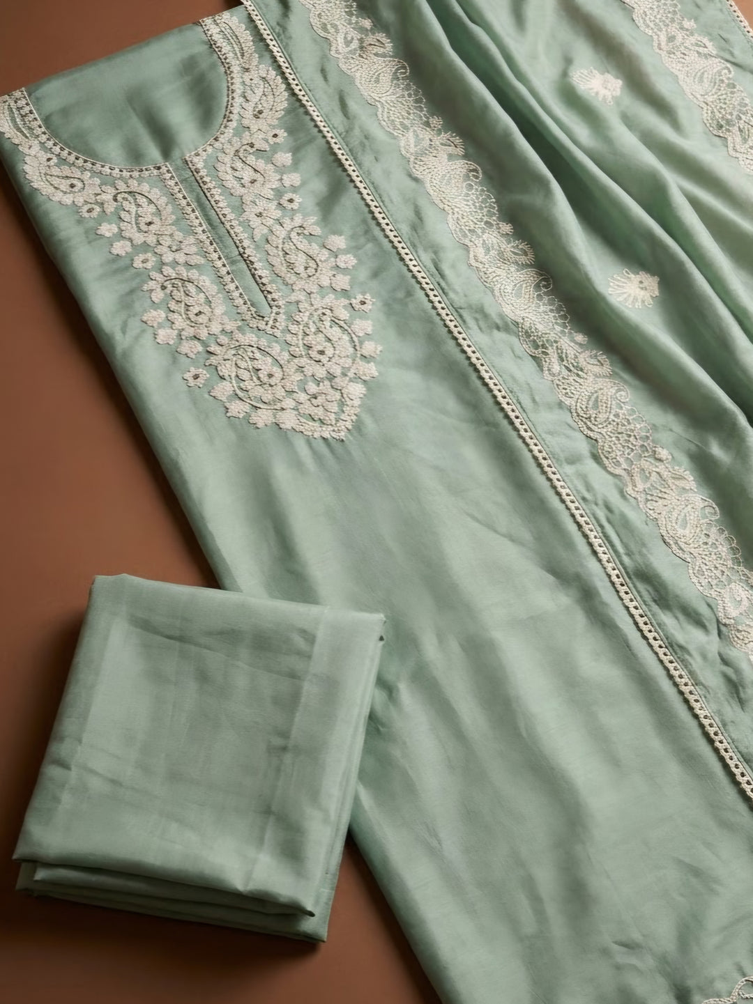 Aqua Chanderi Embroidered Unstitched Dress Material