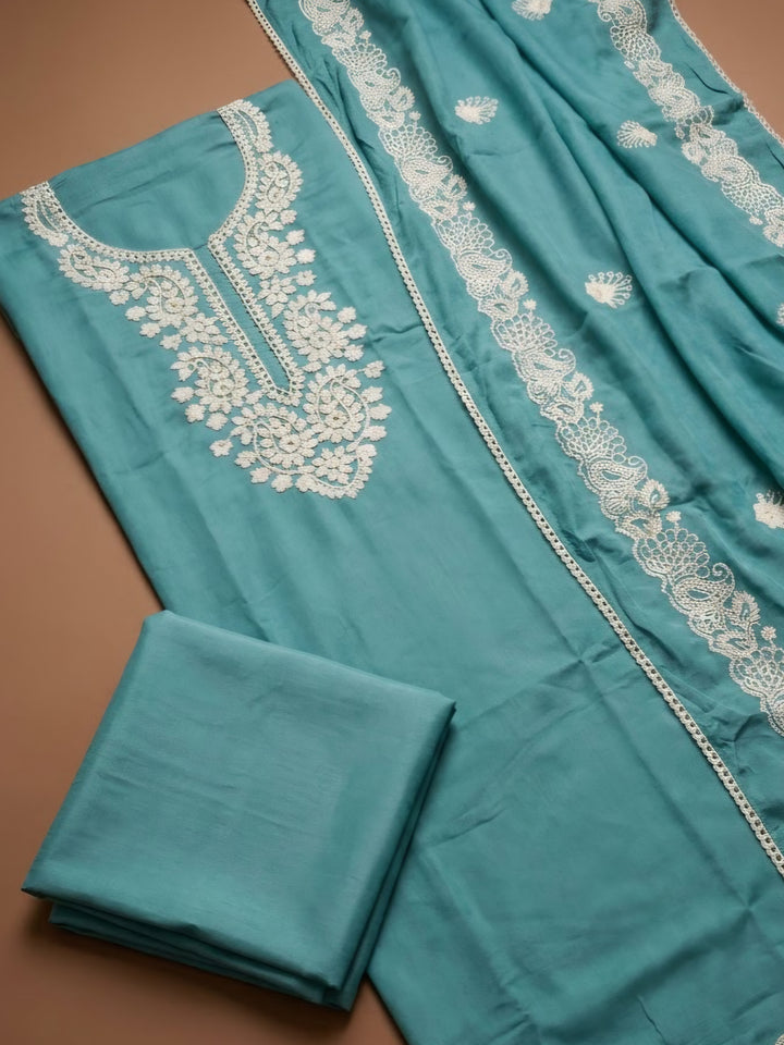 Blue Chanderi Embroidered Unstitched Dress Material