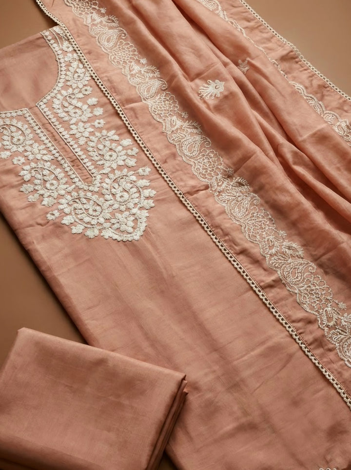 Peach Chanderi Embroidered Unstitched Dress Material