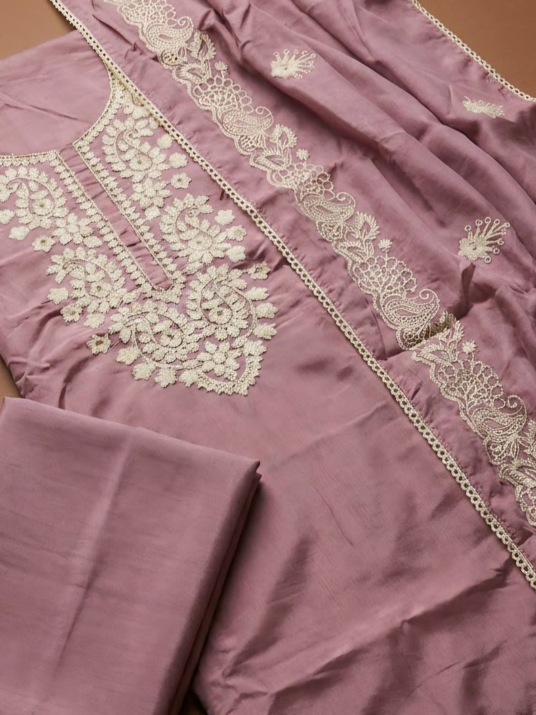 Onion Pink Chanderi Embroidered Unstitched Dress Material