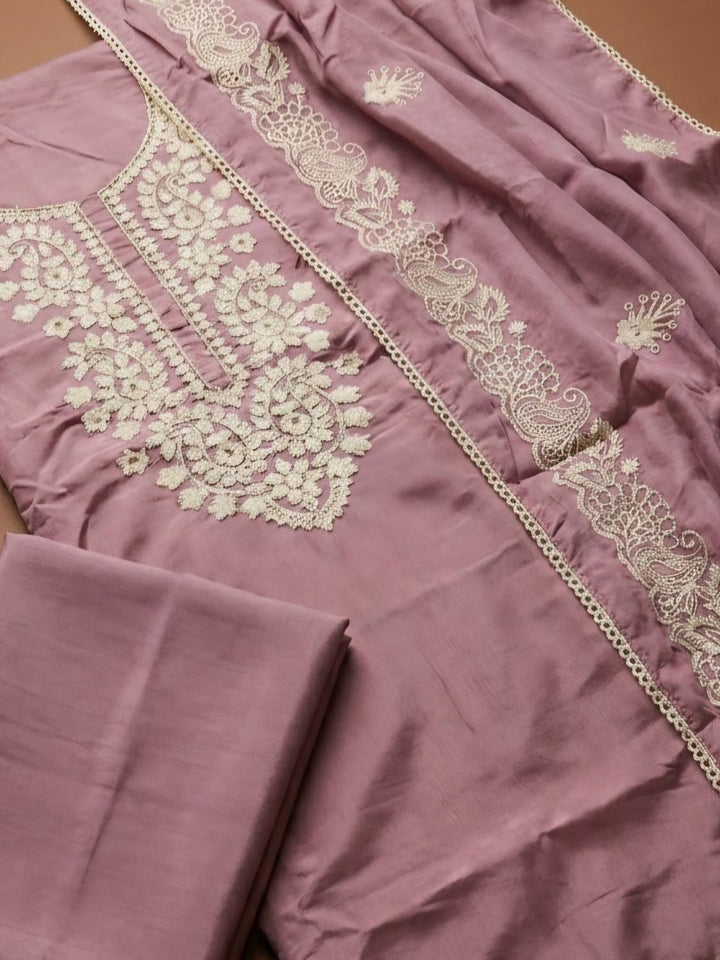 Onion Pink Chanderi Embroidered Unstitched Dress Material