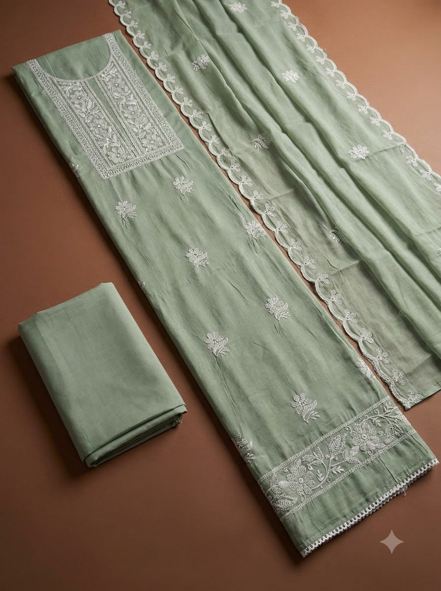 Aqua Chanderi Embroidered Unstitched Dress Material