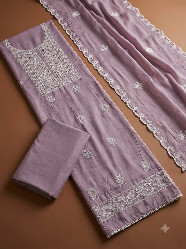 Lavender Chanderi Embroidered Unstitched Dress Material