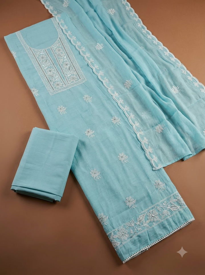 Sky Blue Chanderi Embroidered Unstitched Dress Material