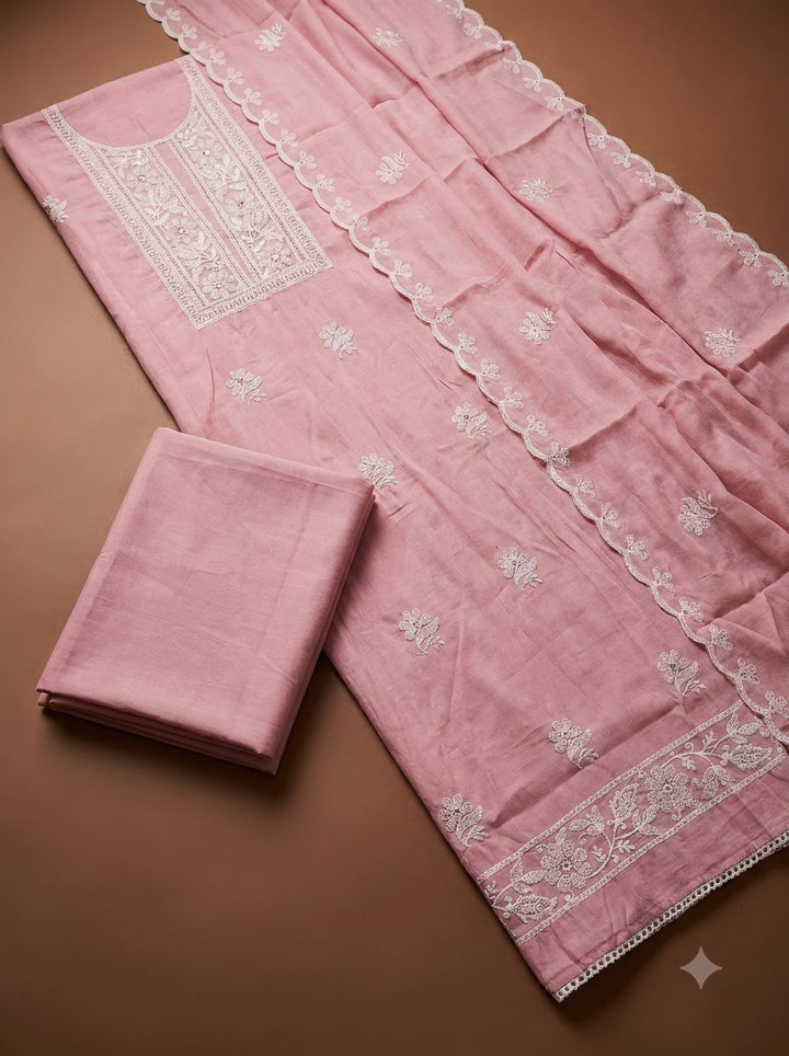 Peach Chanderi Embroidered Unstitched Dress Material