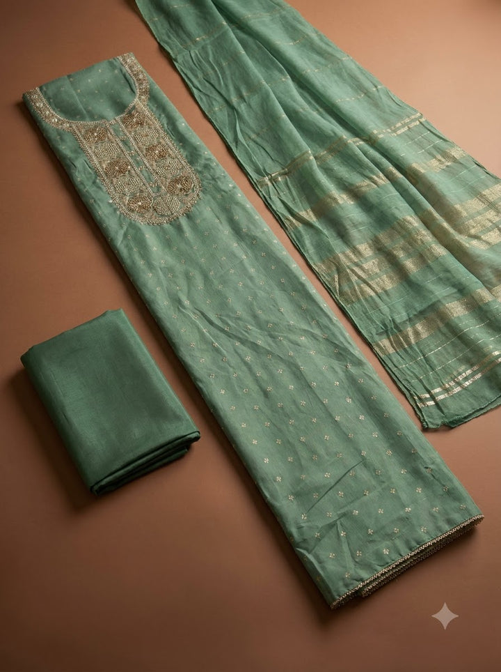 Aqua Green Chanderi Embroidered Unstitched Dress Material