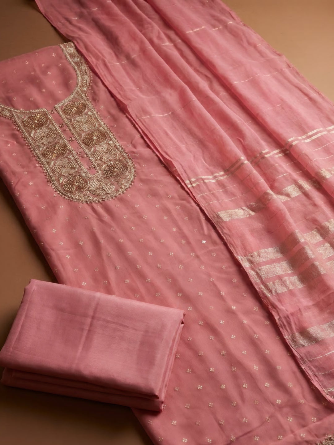 Peach Chanderi Embroidered Unstitched Dress Material