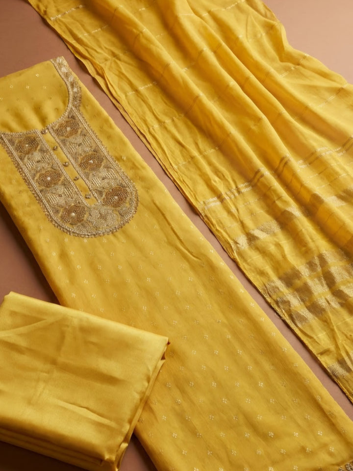 Yellow Chanderi Embroidered Unstitched Dress Material