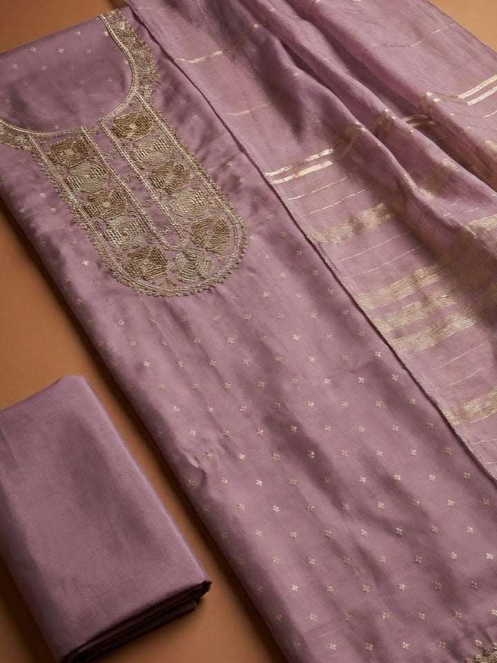 Lavender Chanderi Embroidered Unstitched Dress Material
