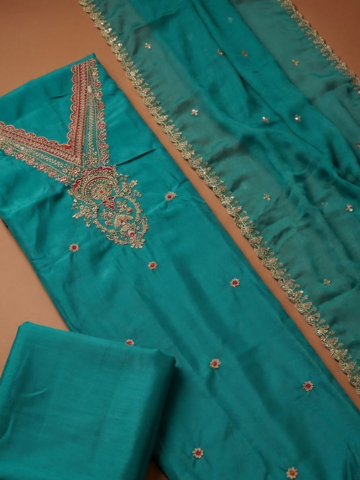 Lake Blue Chanderi Embroidered Unstitched Dress Material