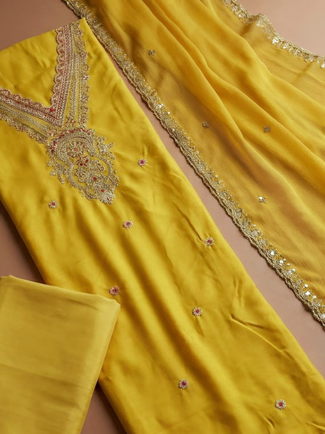 Mustard Chanderi Embroidered Unstitched Dress Material