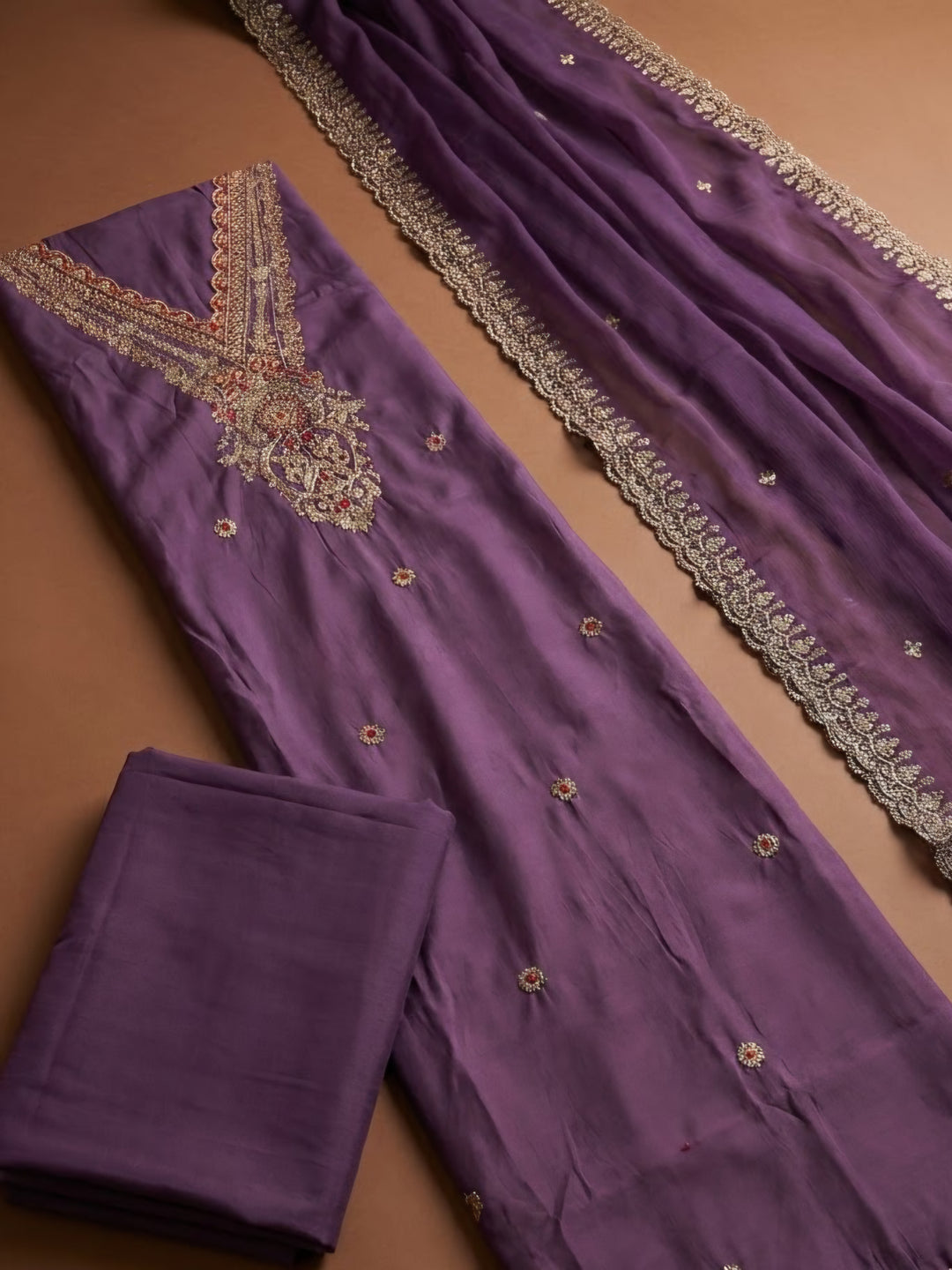 Purple Chanderi Embroidered Unstitched Dress Material