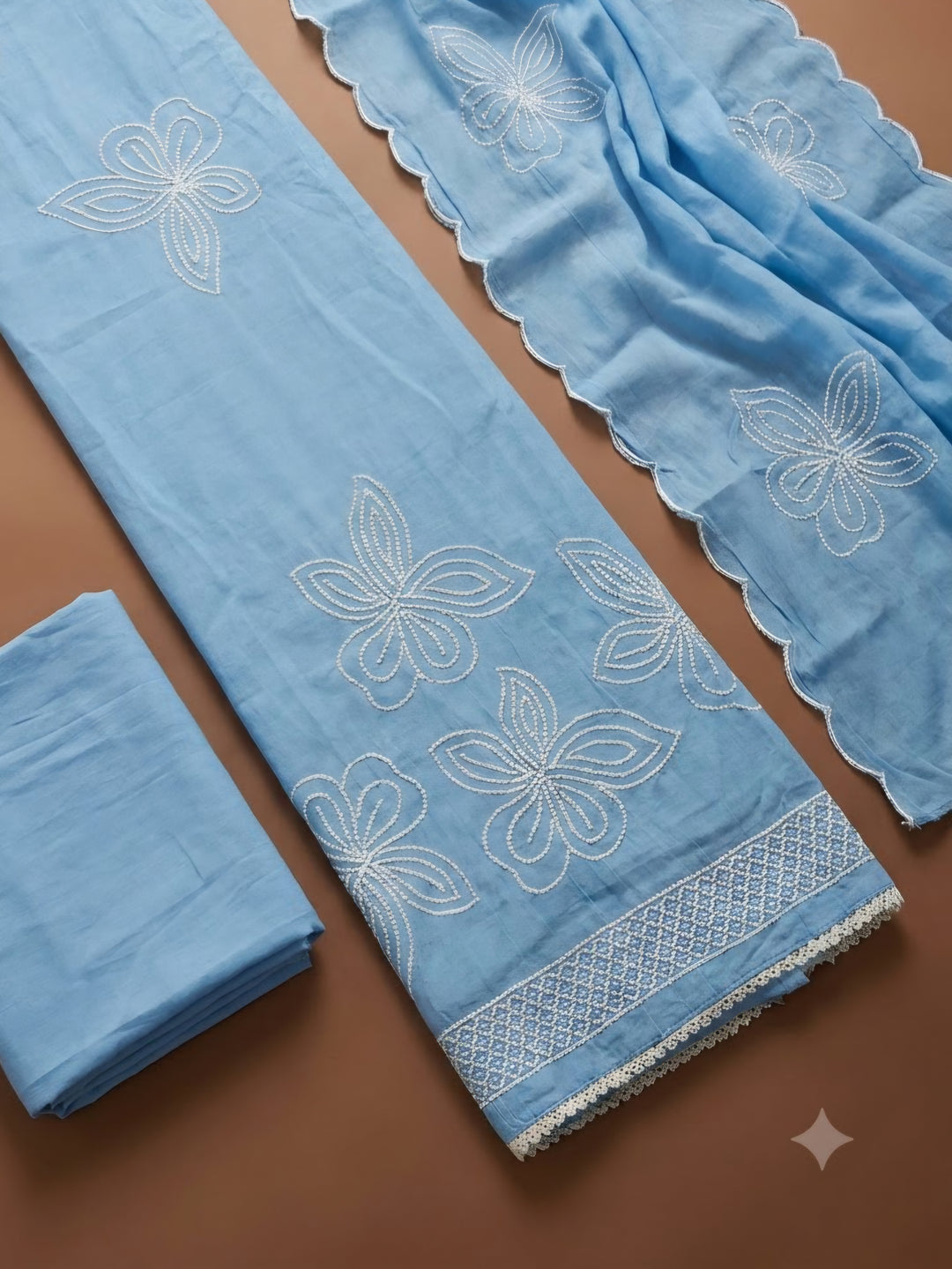 Blue Chanderi Embroidered Unstitched Dress Material