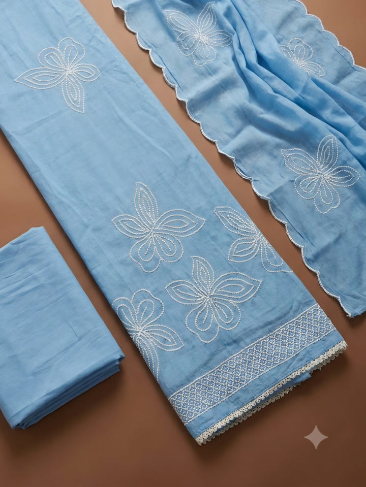 Blue Chanderi Embroidered Unstitched Dress Material