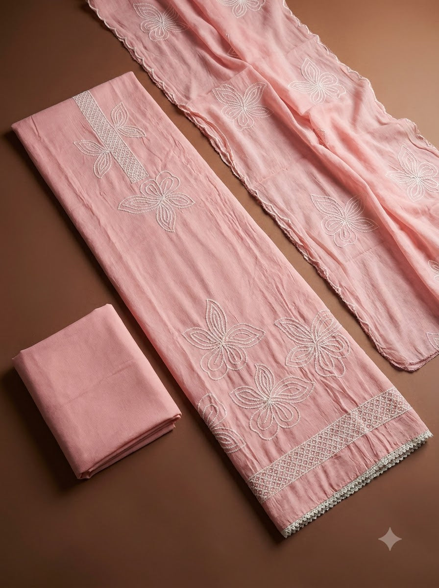 Peach Chanderi Embroidered Unstitched Dress Material