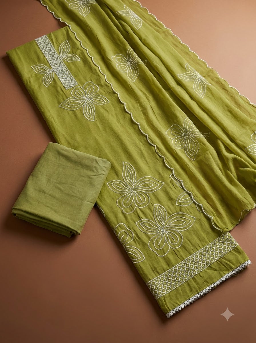 Mehndi Chanderi Embroidered Unstitched Dress Material