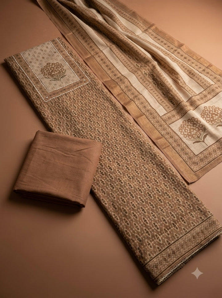 Beige Linen Blend Printed Unstitched Dress Material