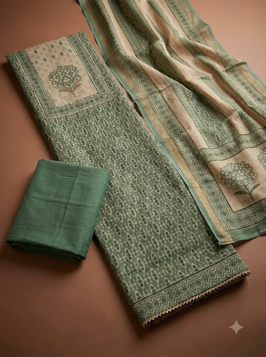 Green Linen Blend Printed Unstitched Dress Material