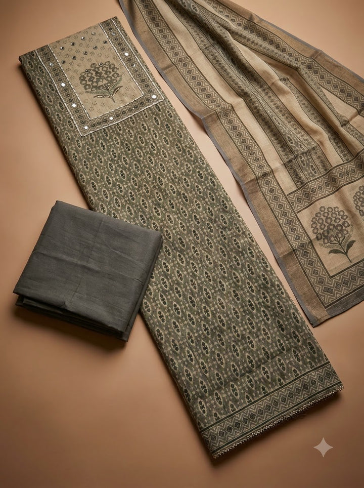 Grey Linen Blend Printed Unstitched Dress Material