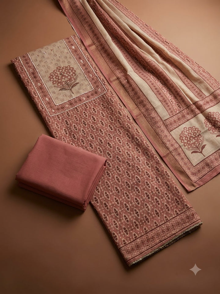 Onion Pink Linen Blend Printed Unstitched Dress Material